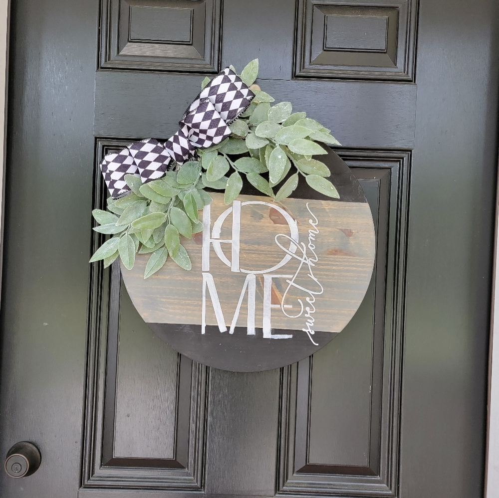 Wood round front door sign, home sweet home, black,white,gray, 20"